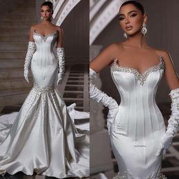 Gorgeous Mermaid Dresses Pearls Sweetheart Bone Bodice Wedding Dress Satin Sweep Train Robe De Mariee Bridal Gowns 0515