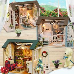 Architecture/DIY House DIY Miniature Dollhouse Kit Assemble Puzzle 3D Wooden House Room Craft With Furniture LED Lights Childrens Birthday Gift Toys