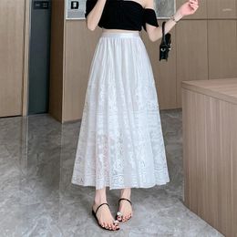 Skirts Gagarich French Lace Hook Flower Hollowed Out Mesh Skirt High Waisted Drape A-line Pleated Fairy Large Swing Girl Casual