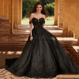 2023 Black Gothic Wedding Dress Lace Applique Beaded A-Line Long Tulle Sequin Bridal Gowns Sweetheart Neckline Off the Shoulder Vintage Bride Dresses