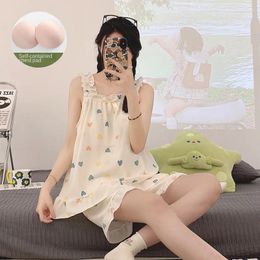 Home Clothing 2 Pcs Shorts Pajamas Set For Women Summer Sling Tops With Chest Pads And Pajama Sweet Cute Floral Bubble Clothes