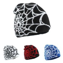Berets Fashion Hip Hop Cap Streetwear Punk Winter Knitted Hat Unisex Spider Web Jacquard Weave Warm Beanies for Men Women