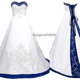 Royal Blue And White A Line Wedding Dress 2022 Princess Satin Lace up Back Court Train Long Wedding Gowns