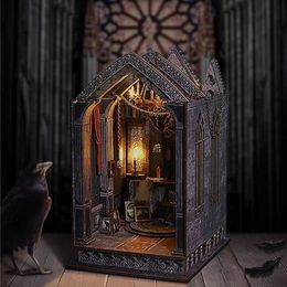 Architecture/DIY House Bookshelf Set Micro Assembly Model Gothic Architecture Doll House DIY Handmade Toy Set with Lights For Adult Handmade Gifts