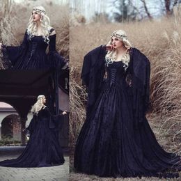Vintage Gothic Hallowen Lace A Line Wedding Dresses Princess Plus Size Off Shoulder Long Sleeve Castle Chapel Train Bridal Wedding Gown