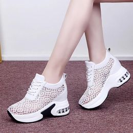 Fitness Shoes High Top Summer Breathable Mesh Chunky Platform Sneakers Women Lace Floral Hollow Out White Woman Hidden Heels Casual Shoe