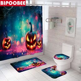 Shower Curtains Happy Halloween Scary Pumpkin Curtain Bathroom Night Pumpkins Printed Bath Mats Toilet Lid Cover Non-Slip Rugs