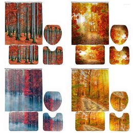 Shower Curtains Autumn Forest Scenery Curtain Set Non-Slip Bath Mat Toilet Cover Rug Maple Tree Yellow Leaves Landscape Bathroom