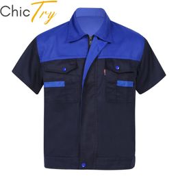 Mens Factory Work Shirt Uniform Short Sleeve Turn-Down Collar Workwear Motor Mechanic Repair Workshop Two-pocket T-shirts Tops 240513