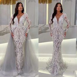Stunning Crystal Mermaid Evening Dresses Elegant With Detachable Train Illusion V Neck Beaded Long Sleeves Prom Dress Pearls Formal Dresses For Women 0515