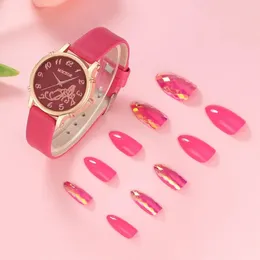 Wristwatches Women Fashion Leather Belt Watches & False Nail Tablets Set Quartz Wristwatch Enhancement Dress Clock Montre Femme