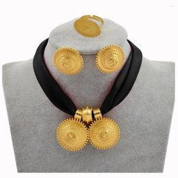 Necklace Earrings Set Ethiopia Mature Women's Gold Plated Jewellery African Ethnic Pendant Wedding Party Christmas Gift