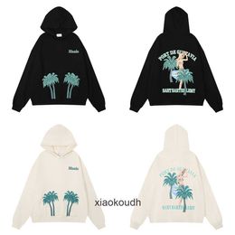 Rhude High end designer Hoodies for mens Meichao Coconut Beach Print High Weight Pure Cotton Relaxed Hoodie Sweater With 1:1 original labels