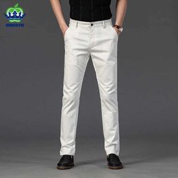 Men's Pants Brand 2024 New Pants Mens Stripe Stretch Pant Straight Slim Fit Business Plaid Formal Wedding Korea Work White Trousers Male Y240514