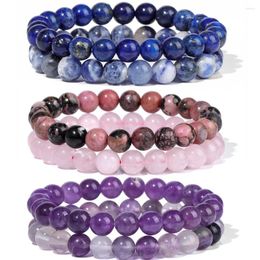 Strand 2Pcs Natural Stone 8mm Beads Bracelet Lapis Lazuli Amethysts Purple Fluorite Rhodonite Rose Quart For Women Men