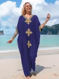 Elegant Gold Embroidery Loose Kaftan Retro V-neck Beach Maxi Dress Women's Summer Sexy Wear Swim Suit Cover Up Q1373