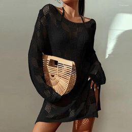 Womens Beachwear Dress Cover Ups Swimsuit Knit Hollow Out Long Sleeve Loose Crochet Pullover 2024 Summer Sun Proof Clothes 231