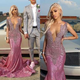 Stunning Crystal Mermaid Prom Dress Saudi Arabic Sheer V Neck Beaded Tassels Evening Elegant Sweep Train African Formal Dresses For Women 0515