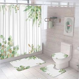 Shower Curtains Eucalyptus Leaves Bathroom Set Curtain Non-Slip Rug Bath Mat Lid Toilet Cover Tropical Green Leaf Plant Fabric Screen