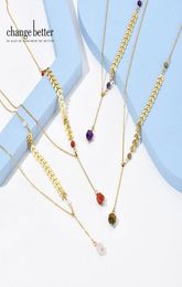 Pendant Necklaces CHANGE BETTER Charms Semi Precious Stone Stainless Steel Leaf Stitching Necklace Accessories For Women Jewellery B1099125