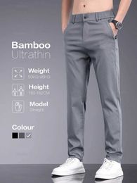 Men's Pants Brand summer soft elastic bamboo fiber fabric mens casual pants ultra-thin elastic waist business gray mens 38 Y240514