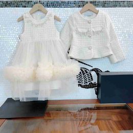 Top designer girl dresses party baby Cake lace skirt Size 100-150 Pearl button kids coat and Tank top dress Nov25