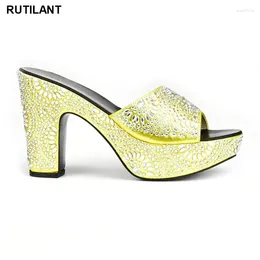 Dress Shoes Arrival Yellow Colour Women Decorated With Rhinestone African Party Slip On High Heels Ladies For Wedding