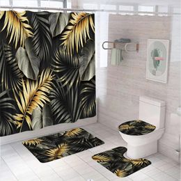 Shower Curtains Black Gold Leaves Curtain Set Summer Tropical Plant Abstract Art Bathroom Non-Slip Bath Mat Rug Lid Toilet Cover