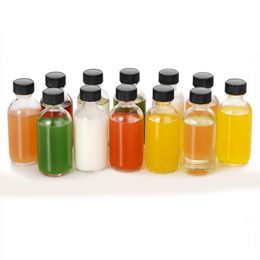 2OZ Small Glass Bottles with Airtight Lids 60ml Mini Travel Round Glass Wellness Shots Sample Bottles with Caps for Potion, Juice, Wellness, Ginger, Liquids