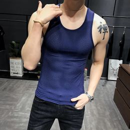 Men Tops Ice Silk Vest Outer Wear Quick-Drying Mesh Hole Breathable Sleeveless T-Shirts Summer Cool Vest Beach Travel Tanks 240515