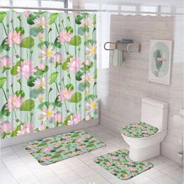 Shower Curtains Lotus Green Leaves Curtain Set Summer Flower Pond Scenery Fabric Bathroom Non-Slip Bath Mat Rug Lid Toilet Cover