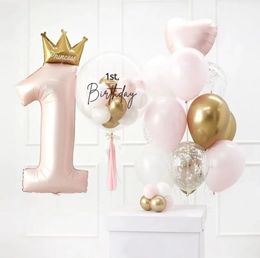 10pcs Crown Number One Year Foil Balloons 40 Blue Pink Digital Helium Balloon Baby Shower Birthday Party Decoration Globos 240509