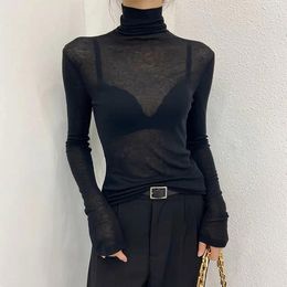 Women's T Shirts Transparent Turtleneck Bottoming Shirt Top Women See-Through Ultra-Thin Slim Sweater Long Sleeves Jumpers Sexy Lace Mesh