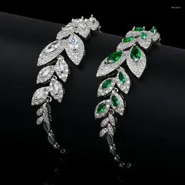 Link Bracelets Fashion Green Jewellery Silver Colour Elegant Leaf Shape Dark Blue Cubic Zirconia Stone Chain For Women