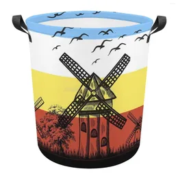 Laundry Bags Windmills Dirty Basket Folding Clothing Storage Bucket Home Waterproof Organiser With Handles Windmill Trees Grass Lands