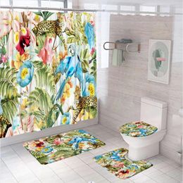 Shower Curtains Jungle Animal Leopard Sets With Rugs Toilet Cover Bath Mat Tropical Flower Parrot Plant Leaves Bathroom Curtain