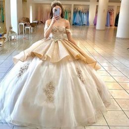 Party Dresses Luxury Sequin Applique Ball Champagne Off The Shoulder Evening Gowns Formal Occasion Ruffled Layered Princess Wed Robes