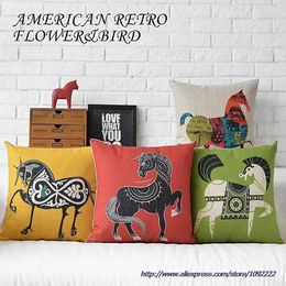 Pillow Horse Animal Decorative Throw Pillows Case Green Red Yellow Cover Vintage Chair Seat Couch Pillowcase For Sofa 45x45cm
