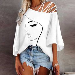 Women's Blouses Shirts Fashion Spring Half Slve Women T-shirt White Print Loose Off Shoulder Hollow Out Sexy Tops Summer Elegant Blouses Y240510