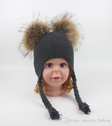 Knitted Hat Children Cute Winter Hats Two Faux Raccoon Fur Pompom Hat Boy Knitted Cap Warm Ears Earflap Thick Kids Beanies CNY9769957566