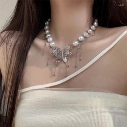 Pendant Necklaces Hollow Butterfly Pearl Double Layer Necklace For Women Clavicle Chain 2024 Trendy Jewelry Gift