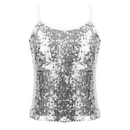 Camisole Feeshow Childrens Girl Vest Girl Top Sparkling Secript Sequin Top Top Top Stage Stage Performance Costumel240502