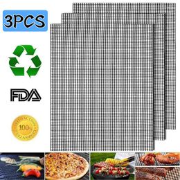 Baking Tools 3Pcs Non-Stick BBQ Grill Mesh Mat Perforated Oven Sheet Reusable Barbecue Heat-Resistant Outdoor Grilling Tool