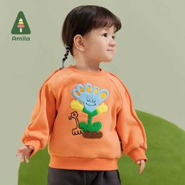 Пулвер Amila Baby Girl Hoodie 2023 Winter New Multi -Multi -Clorge Round Shece Speat Cartoon Photle Warm Baby Clothingl240502