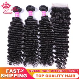 Wefts Deep Wave Human Hair Bundles With Lace Closure Brazilian Virgin Raw Hair Natural Colour Deep Curly Wave Hair Extensions Queen Hair