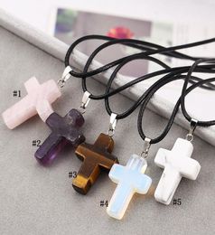 Fashion Christian necklace For Women Healing Crystal Quartz Chakra Natural Stone crucifix Pendant Leather String Rope chains Jewelry2278333