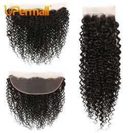 Upermall Kinky Curly 4x4 Lace Closure Pre Plucked Swiss HD Transparent 13x4 Frontal Free Part Natural Black 100% Remy Human Hair 240515