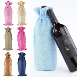 Gift Wrap 1pc Wine Bottle Bag Burlap Line Drawstring Pouch Red Champagne Covers Storage Bags Wedding