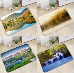 Bath Mats Doormat Spring Landscape Bathroom Mat Forest Mountain Lake Waterfall Non-Slip Rug Flannel Home Deco Kitchen Doorway Aisle Carpet