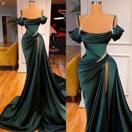 Dark Green Evening Gown Spaghetti Beads Slit Party Prom Dresses Pleats Sweep Train Formal Long Dress For Special Ocn 0515
